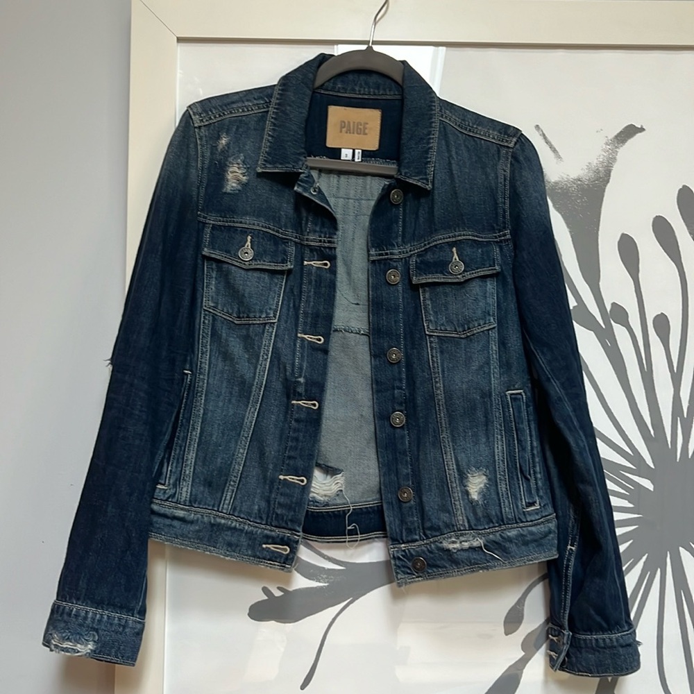 Paige Denim DISTRESSED Dark wash Jean jacket sz S